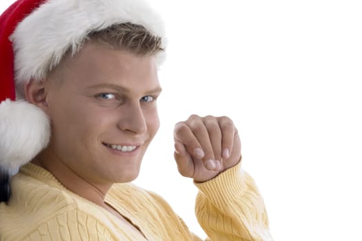 close up of handsome male looking at camera with white background