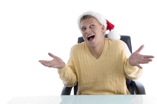 careless male wearing christmas hat on an isolated white background