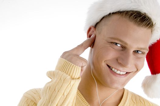 smiling man with canal phones with white background