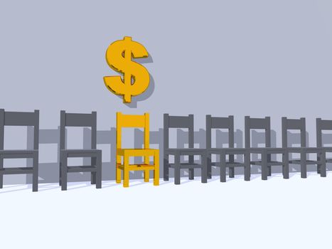 row of chairs, one in yellow and dollar sign - 3d illustration