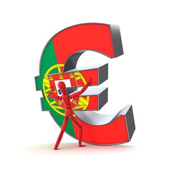 person in red is trying to stabilize a metallic euro sign - front is textured with a portuguese flag