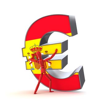 person in red is trying to stabilize a metallic euro sign - front is textured with a spanish flag