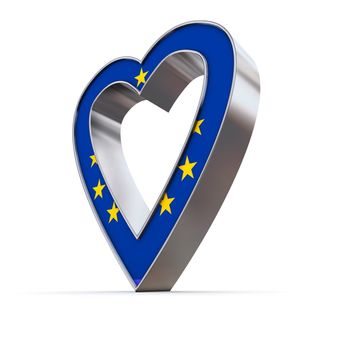 shiny metallic 3d heart of silver/chrome - front surface shows the european union flag