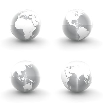 four views of a 3D globe with white continents and a shiny brushed metallic ocean