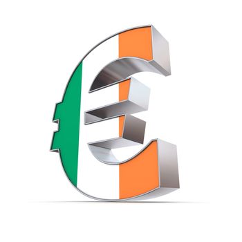 shiny euro symbol in a chrome and metal look - front surface is textured with irish flag