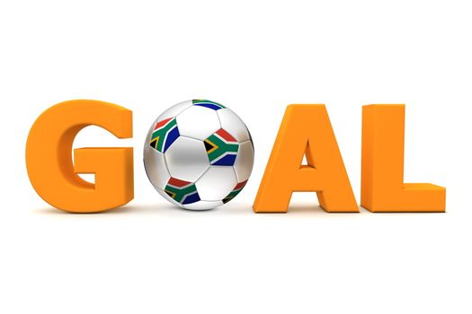 orange word GOAL with football/soccer ball replacing letter O - south african flag on the shiny ball
