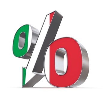 shiny metallic percentage symbol with an arrow down - front surface textured with the italian flag