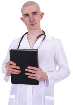 The doctor on a white background with a stetoscope and book