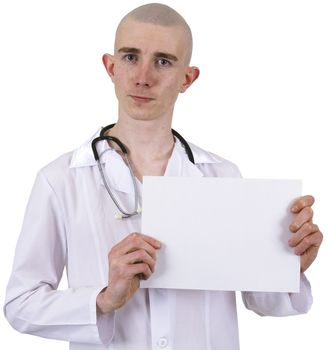 The doctor on a white background with a tablet and stetoscope