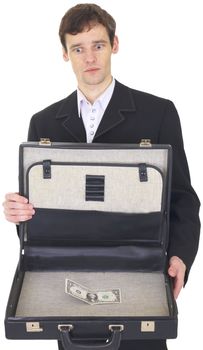The man with opened suitcase containing one dollar