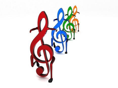 isolated three dimensional dancing musical notes in row