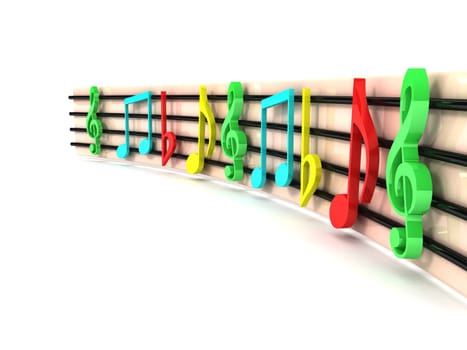 side view of isolated three dimensional colorful musical clefs