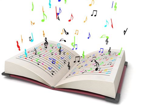 three dimensional flying musical notes from books