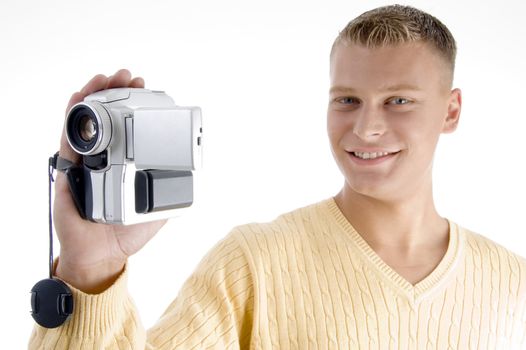 portrait of blonde man with handy cam on an isolated white background