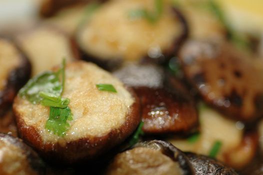 Delicious Asian Chinese cuisine of fish paste stuffed mushroom with parsley