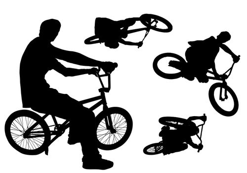 Four bmx action silhouettes isolated on white.