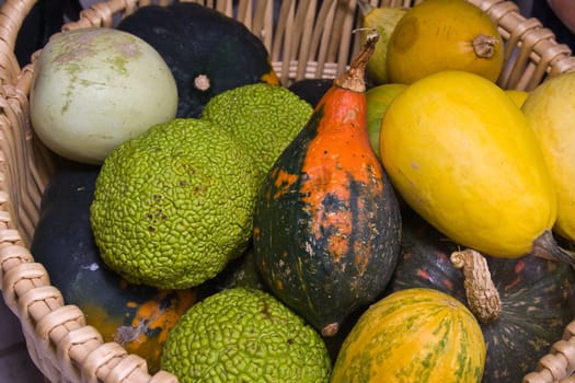 a basket full of colorful pumpkins