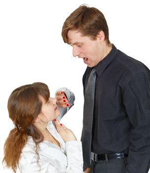 Terrible man shouted at the frightened woman on a white background