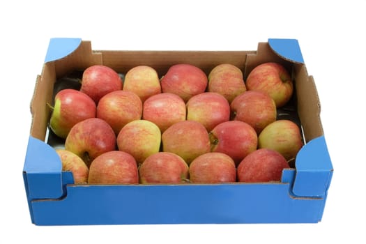 Apples in a cardboard box isolated on white background