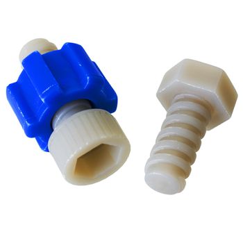 Grey plastic nut and bolt on the white background