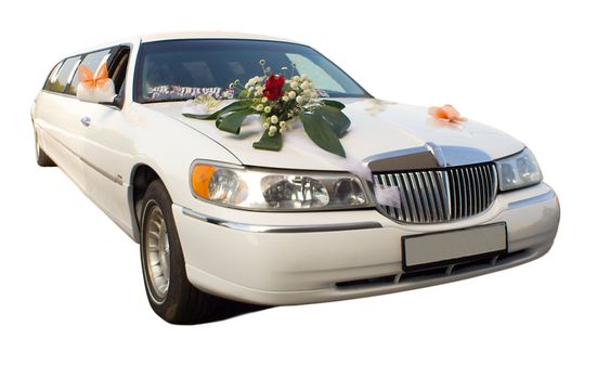 close-up wedding limousine with flowers, isolated on white