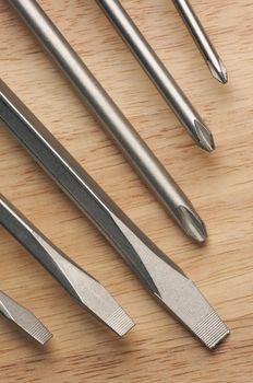 Series of Screwdrivers on a Wood Background.