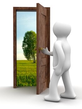 Landscape behind the open door. 3D image