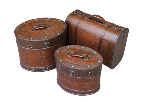 Brown leather travel bags with a white background.