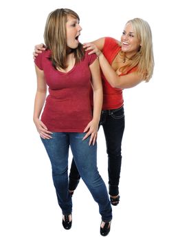 two friends posing together on a white background