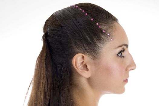 close up of beautiful hairstyle of girl with white background