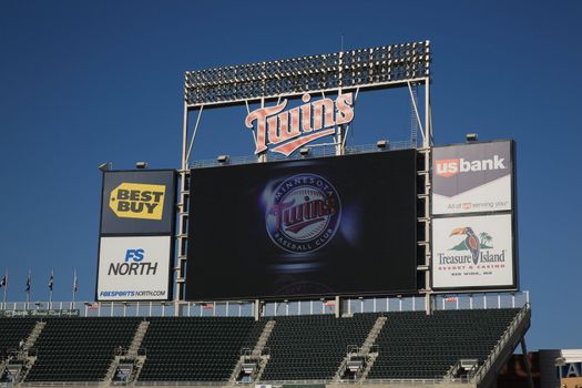 Scoreboard featuring classic Twins logos installed at new outdoor stadium