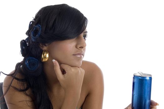 side view of girl with can on an isolated white background