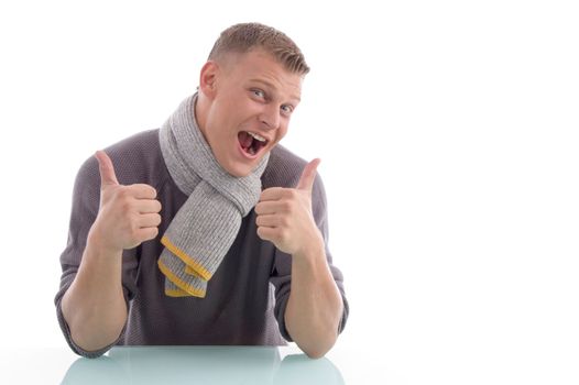 happy man showing thumb up on an isolated white background