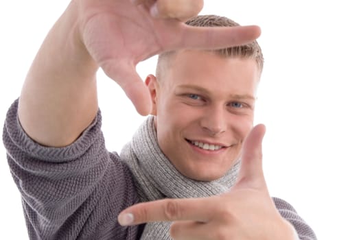 young male showing directing hand gesture with white background