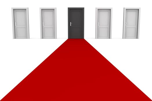 line of five doors, one black door in the middle - red carpet to the green door
