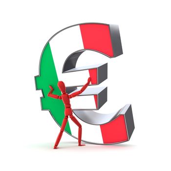 person in red is trying to stabilize a metallic euro sign - front is textured with a italian flag