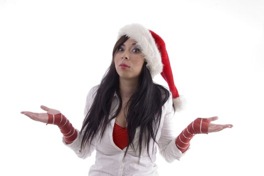 young pretty woman posing with hand gesture with white background