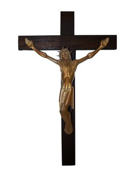 Brass Cricifix on Wooden Cross isolated with clipping path