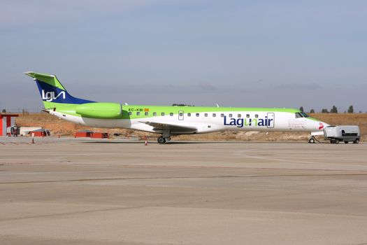 VALLADOLID, SPAIN - OCTOBER 8: Embraer ERJ 145 jet aircraft operated by Lagunair at Valladolid airport on October 8, 2008. Lagunair ceased operations next day because of bankrupcy.