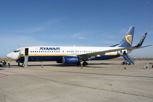 VALLADOLID, SPAIN - OCTOBER 8: Boeing 737-800 NG jet aircraft operated by Ryanair at Valladolid airport on October 8, 2008. Ryanair is one of the biggest airlines in Europe.
