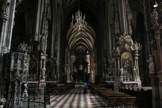 Stephansdom - gothic cathedral interior. Rich decorations of Vienna landmark.