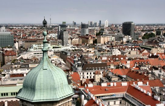 Vienna aerial view - old town down there and financial district skyscrapers in the background