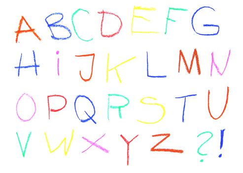 Child drawing of alphabet font made with wax crayons