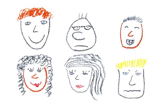 Child drawing of various faces and emotion expressions made with wax crayons