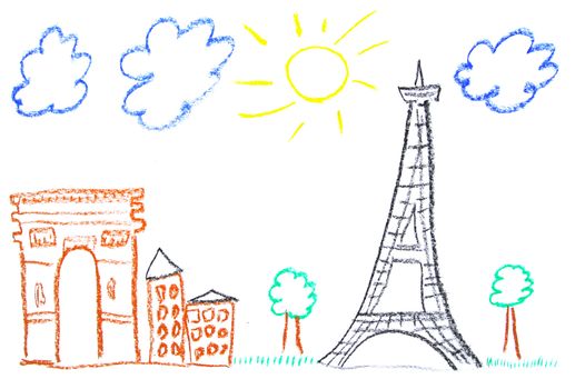 Child drawing of Paris landmarks made with wax crayons