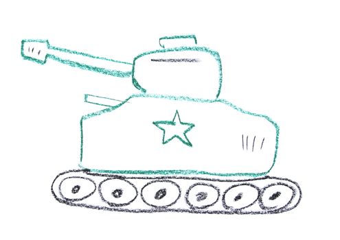 Child drawing of a tank made with wax crayons