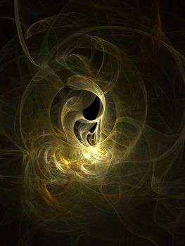 Abstract fractal background. Computer generated graphics. 3D yellow clouds in darkness.