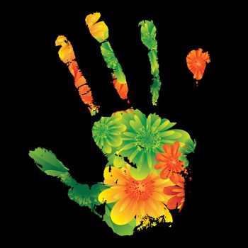 Floral inspired unique hand print design on black background