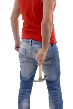 back pose of man holding hammer against white background