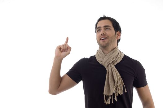 portrait of man indicating upward with white background